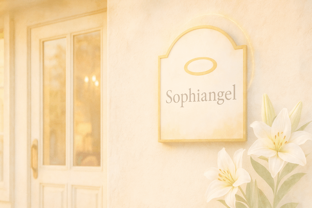 スピリチュアルサロンSophiangelの看板と白百合|風見百合奏のセッションルーム入口イメージ