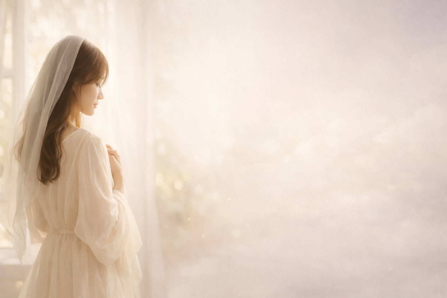 やわらかな光に包まれた窓辺で、白い衣装の女性が静かにたたずむ、魂の癒しと目覚めを感じるイメージ