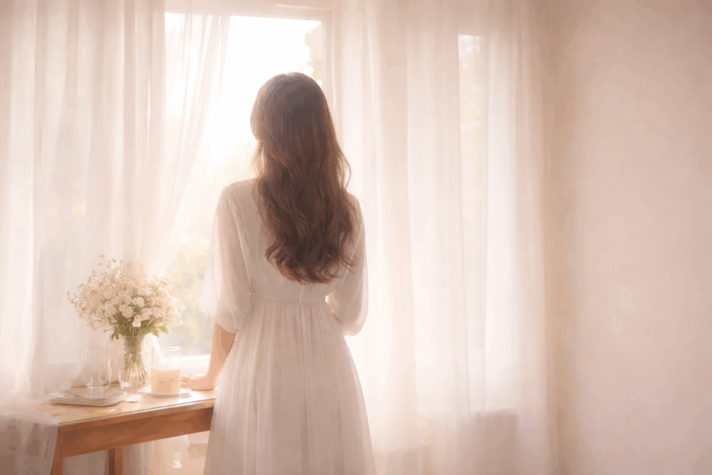 やわらかな自然光が差し込む窓辺で、白いワンピース姿の女性が静かにたたずむSophiangelのセッションメニューイメージ