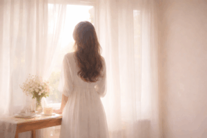 やわらかな自然光が差し込む窓辺で、白いワンピース姿の女性が静かにたたずむSophiangelのセッションメニューイメージ