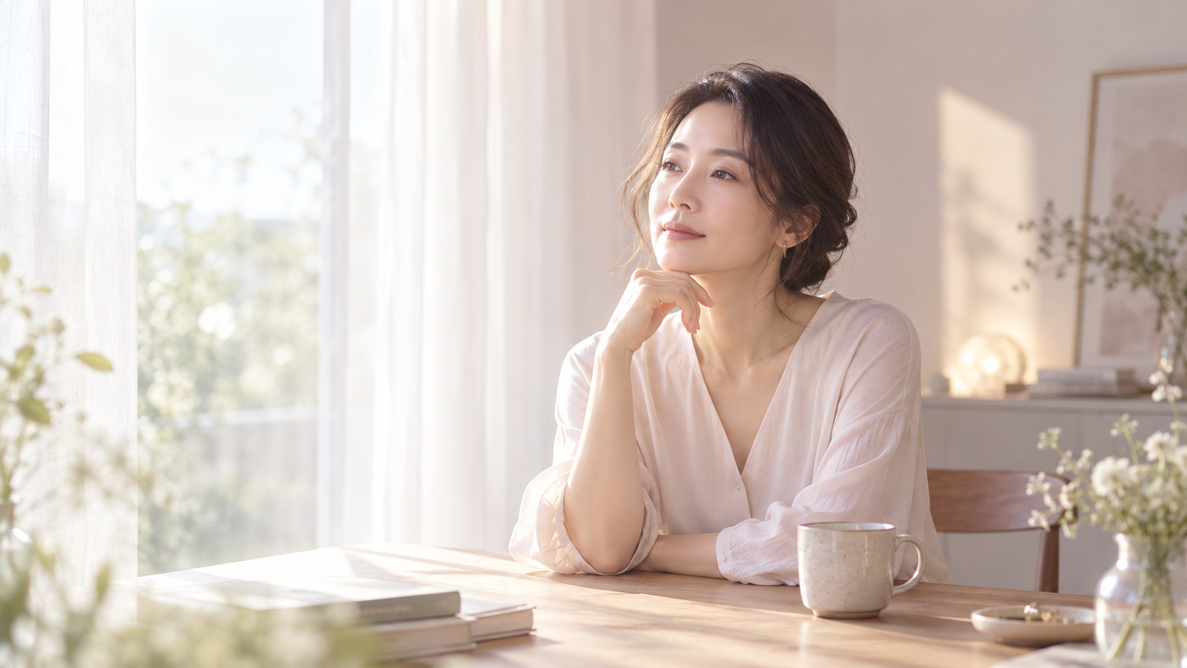 窓辺で静かに自分の気持ちと向き合う女性